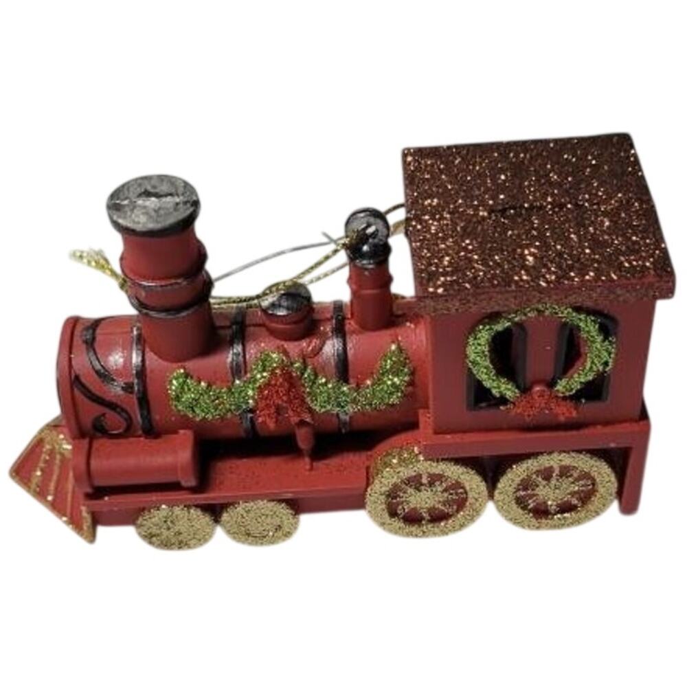 🚂 Glitter Train Christmas Ornament Red & Gold Decor VTG Style Tree Decoration